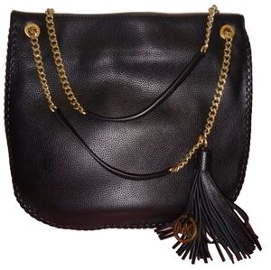 Michael Kors Black Pebbled Genuine Leather Shoulder Bag with Gold Chain Straps